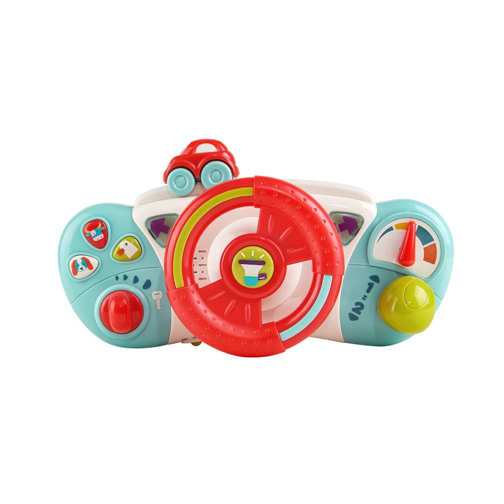 BC Babycare steering wheel toy for babies; turquoise body, red wheel, and colorful dials/buttons