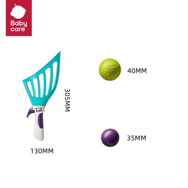 BC Babycare Toss & Catch Ball Set with turquoise launcher and two balls: 40mm green and 35mm purple