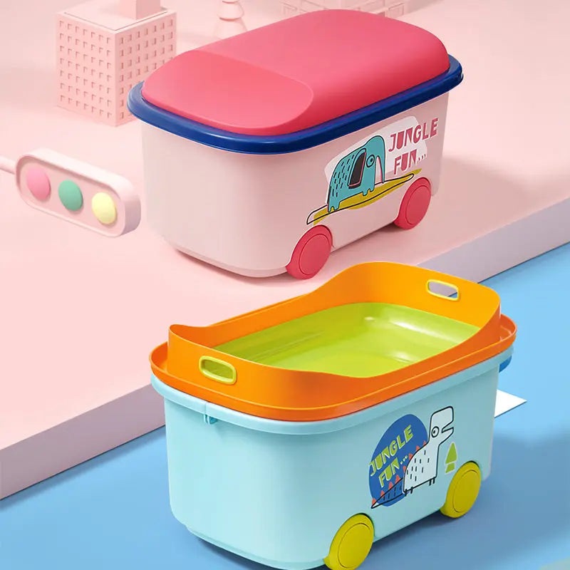 BC Babycare Toy Storage Box set: pink-lid tub with blue rim and wheels, Jungle Fun decals.