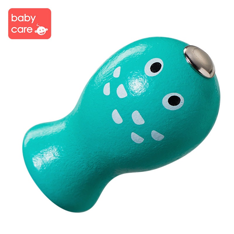 BC Babycare wooden fishing game set, teal wooden fish with magnetic end for kids toy