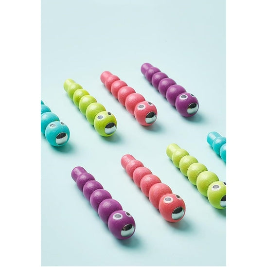 BC Babycare Woodpecker Catching & Feeding Toy Set with six colorful segmented worm toys with eyes