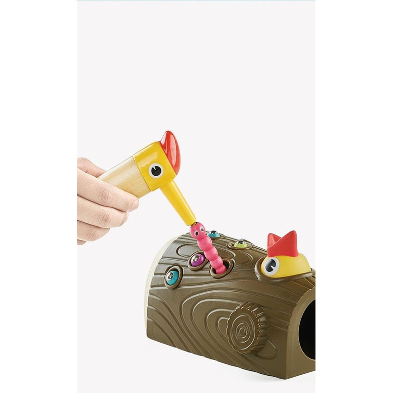 BC Babycare Woodpecker Catching & Feeding Toy Set; wooden chest with yellow hammer and pink worm pegs