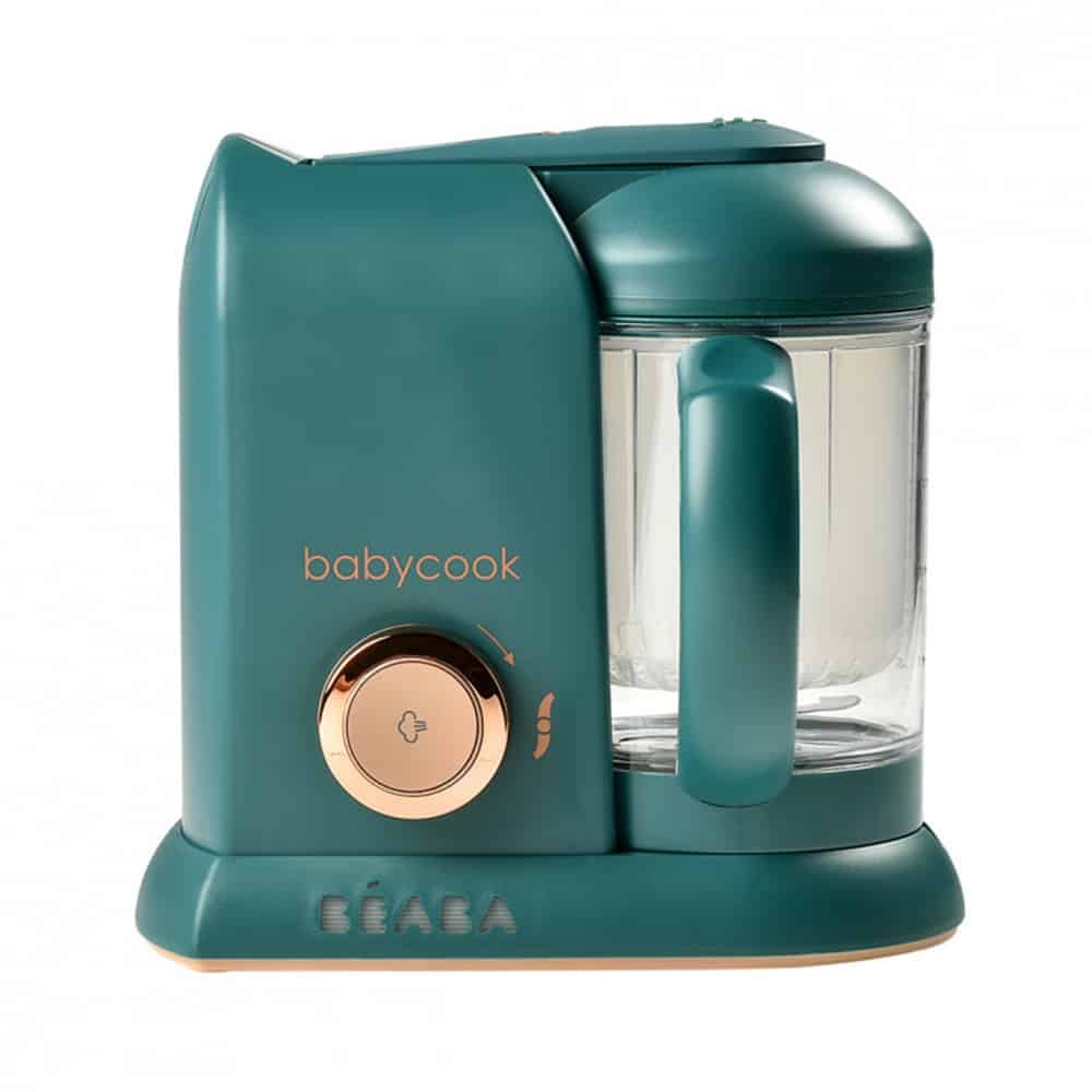 BEABA Babycook Solo baby food maker in pine green with copper dial.