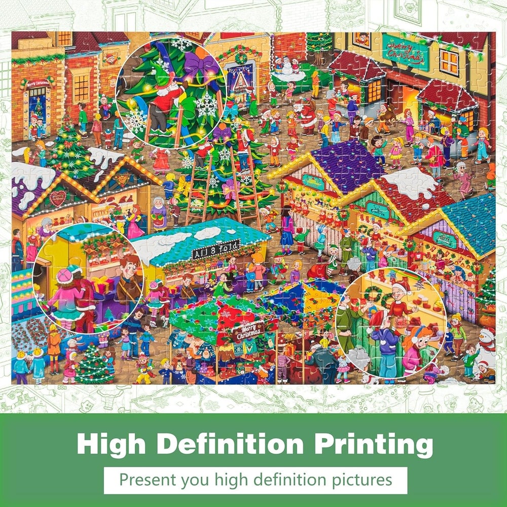 Becko 500-piece jigsaw puzzle featuring a colorful Christmas Fair market scene, Baby Enroute