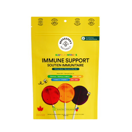 Beekeeper's Naturals Kid's Immune Support Wellness Wands Variety Pack 15 ct in a bright yellow pouch with colorful wand graphics.