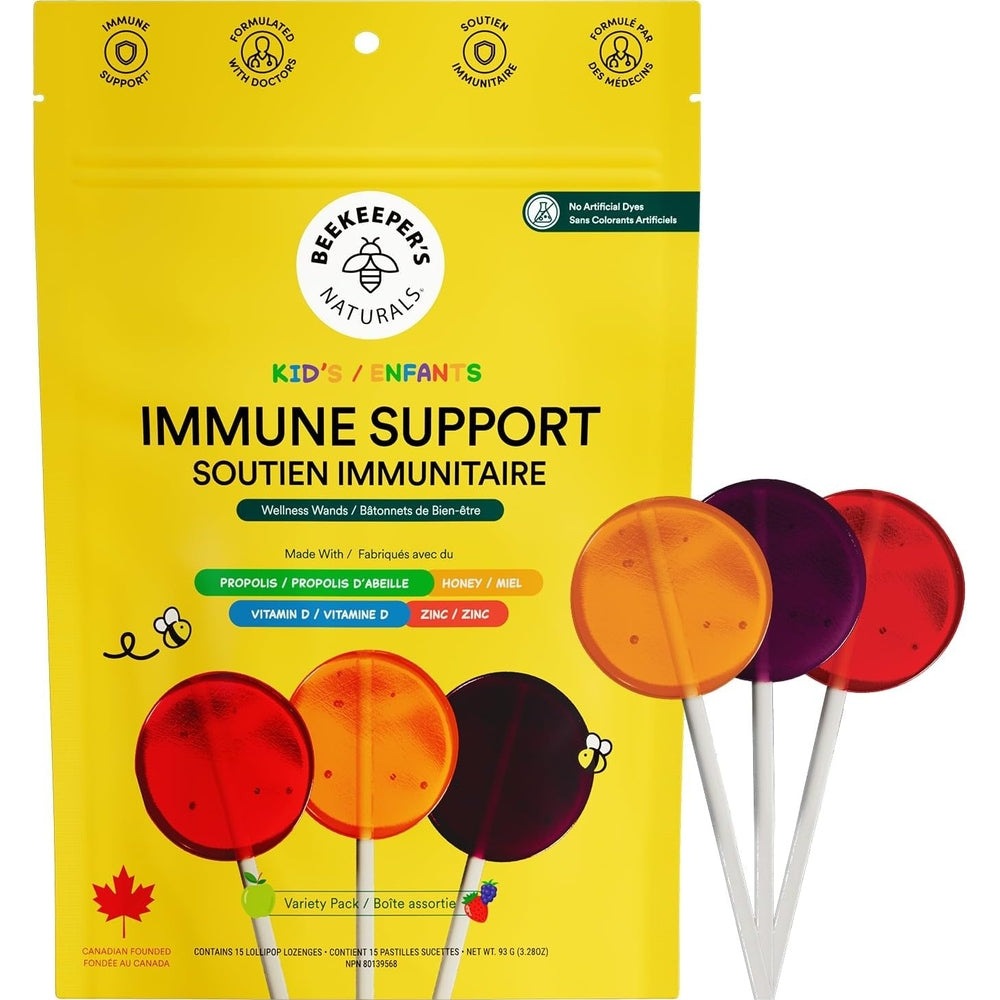 Beekeeper's Naturals Kid's Immune Support Wellness Wands Variety Pack 15 ct in bright yellow pouch, colorful round lollipop wands displayed