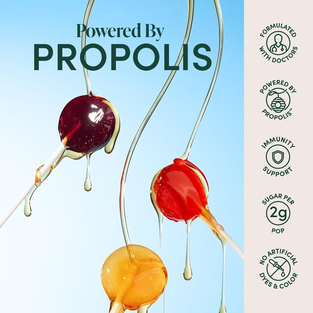 Beekeeper's Naturals Kid's Immune Support Wellness Wands Variety Pack 15 ct, colorful propolis lollipops on sticks.