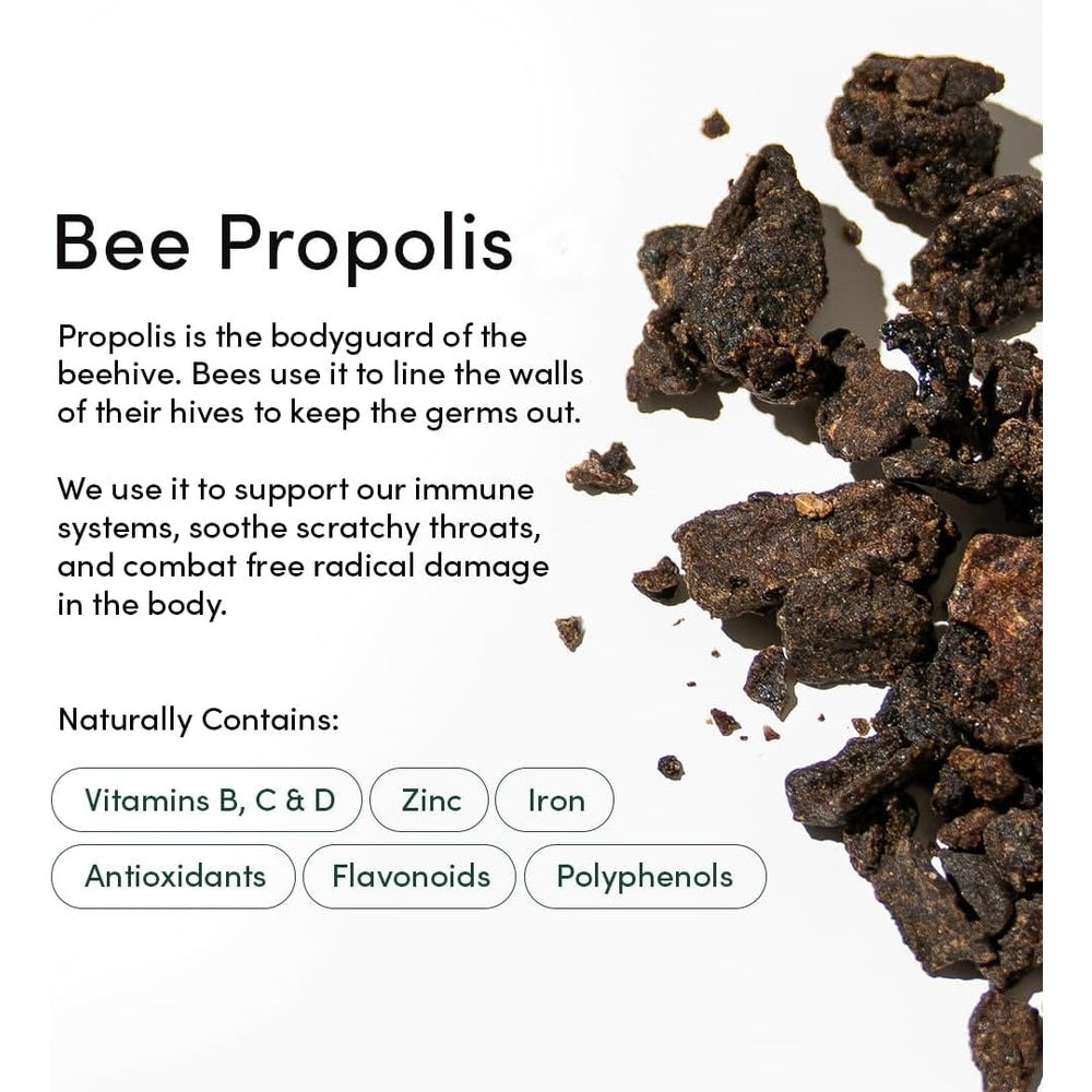 Beekeeper's Naturals Kid's Immune Support Wellness Wands Variety Pack 15 ct infographic with propolis chunks and vitamins.