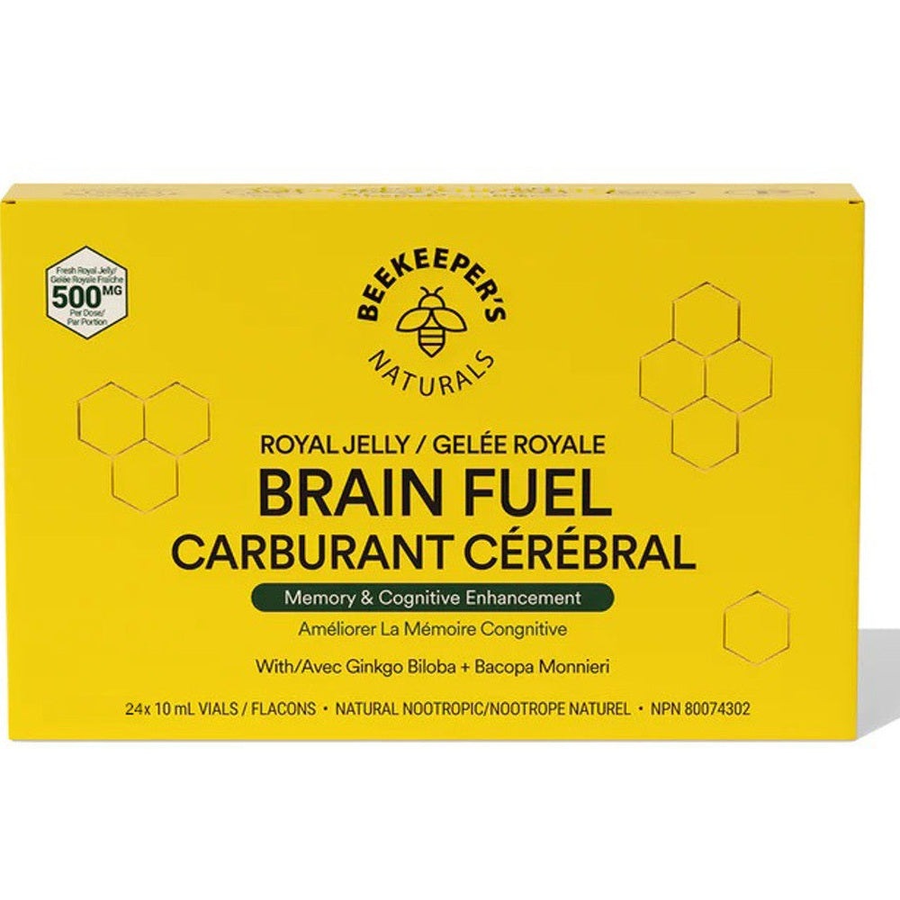 Beekeeper's Naturals Brain Fuel 24x10 ml box, bright yellow with honeycomb accents