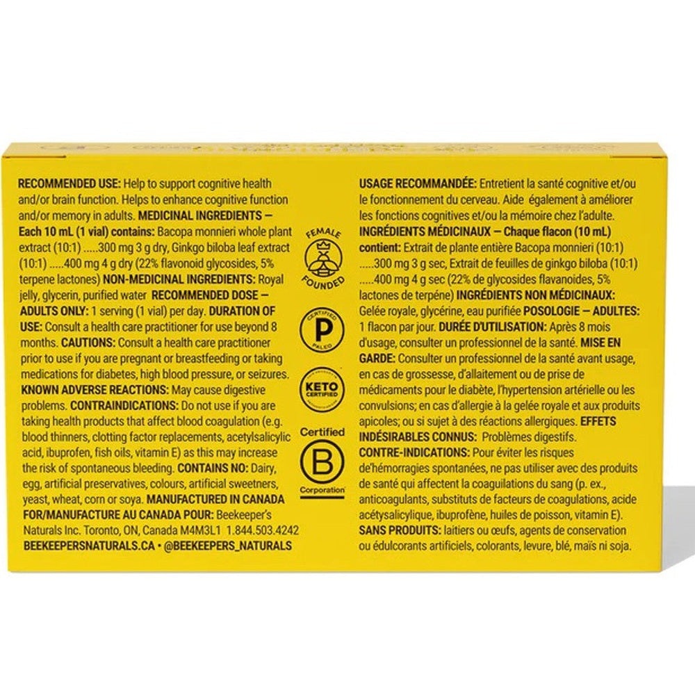 Beekeeper's Naturals B. LXR Brain Fuel 2410 ml box with yellow packaging and black text