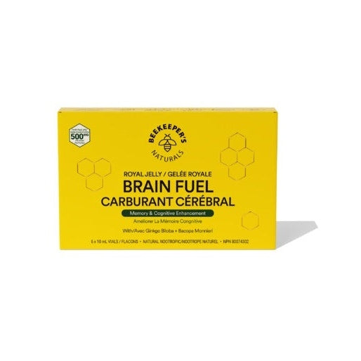 Beekeeper's Naturals B. Lxr Brain Fuel 6X10 ml box on white surface with honeycomb accents.