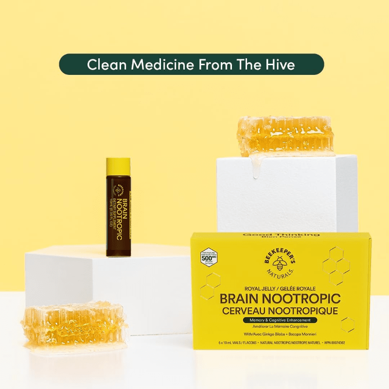 Beekeeper's Naturals B. Lxr Brain Fuel 6X10 ml on a bright yellow backdrop with honeycomb and Brain Nootropic box