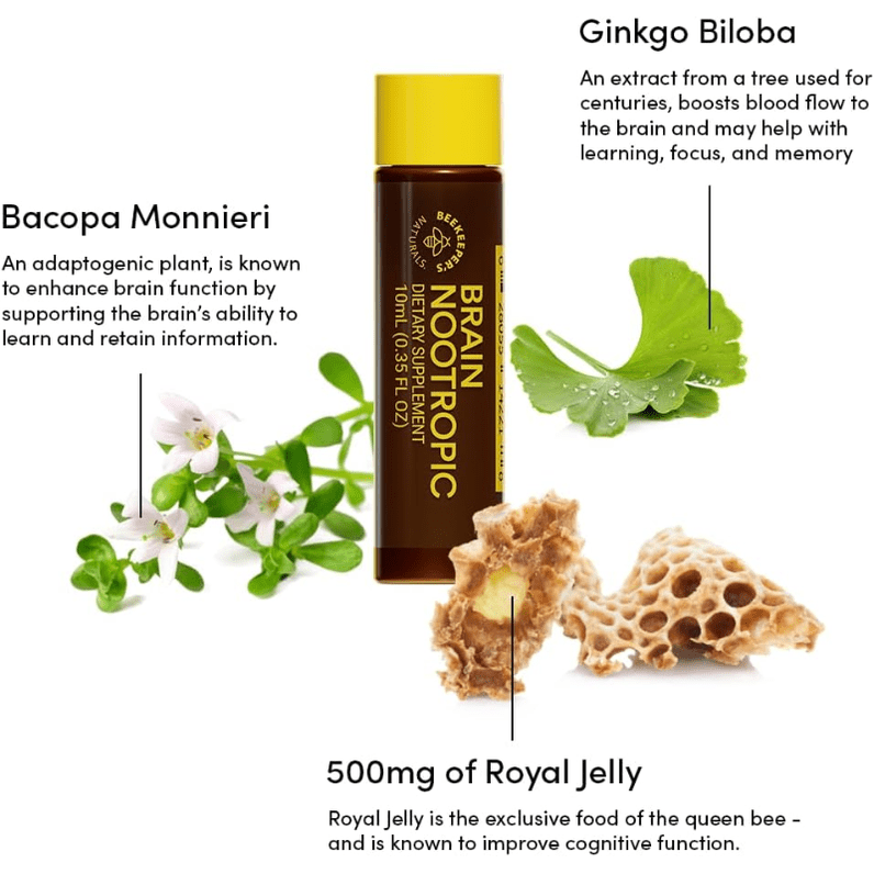 Beekeeper's Naturals B. Lxr Brain Fuel 6x10 ml bottle upright beside Bacopa Monnieri, Ginkgo Biloba, royal jelly.