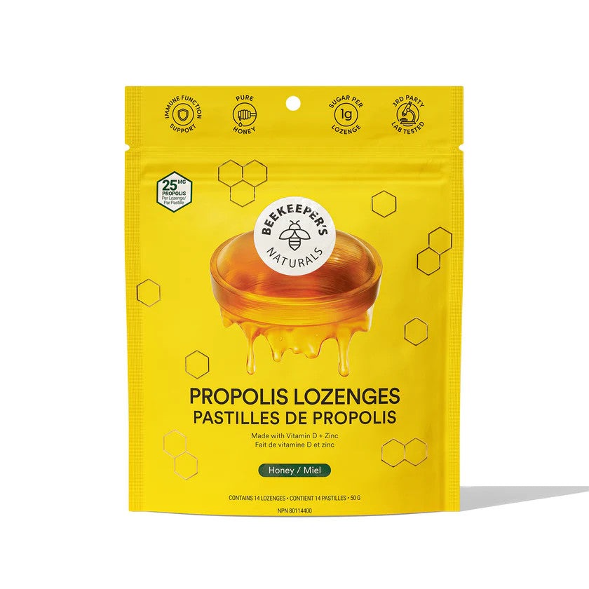 Beekeeper's Naturals Honey Propolis Lozenges in bright yellow packaging with honey image; contains 14 lozenges