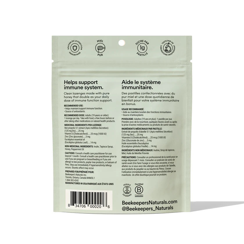 Beekeeper's Naturals Peppermint Eucalyptus Propolis Lozenges in light green packaging