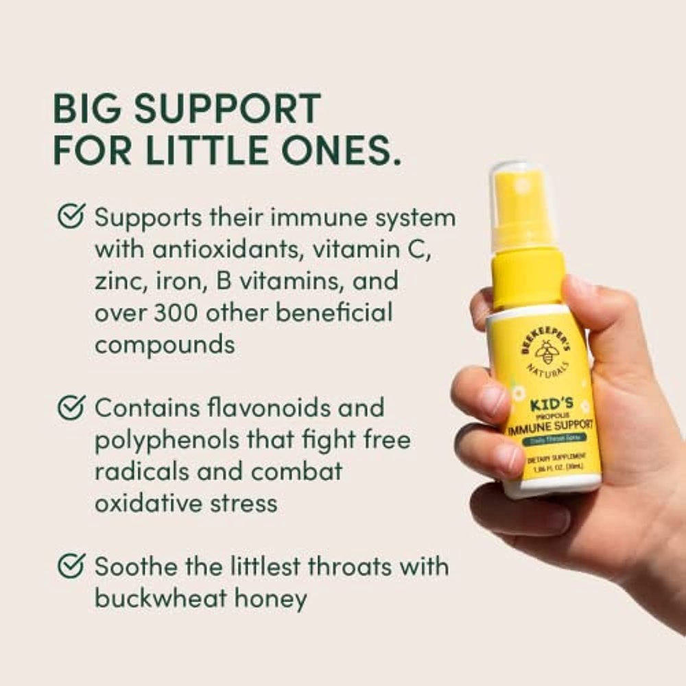 Beekeeper's Naturals Propolis Honey Throat Spray for Kids, 30 ml bottle with yellow label