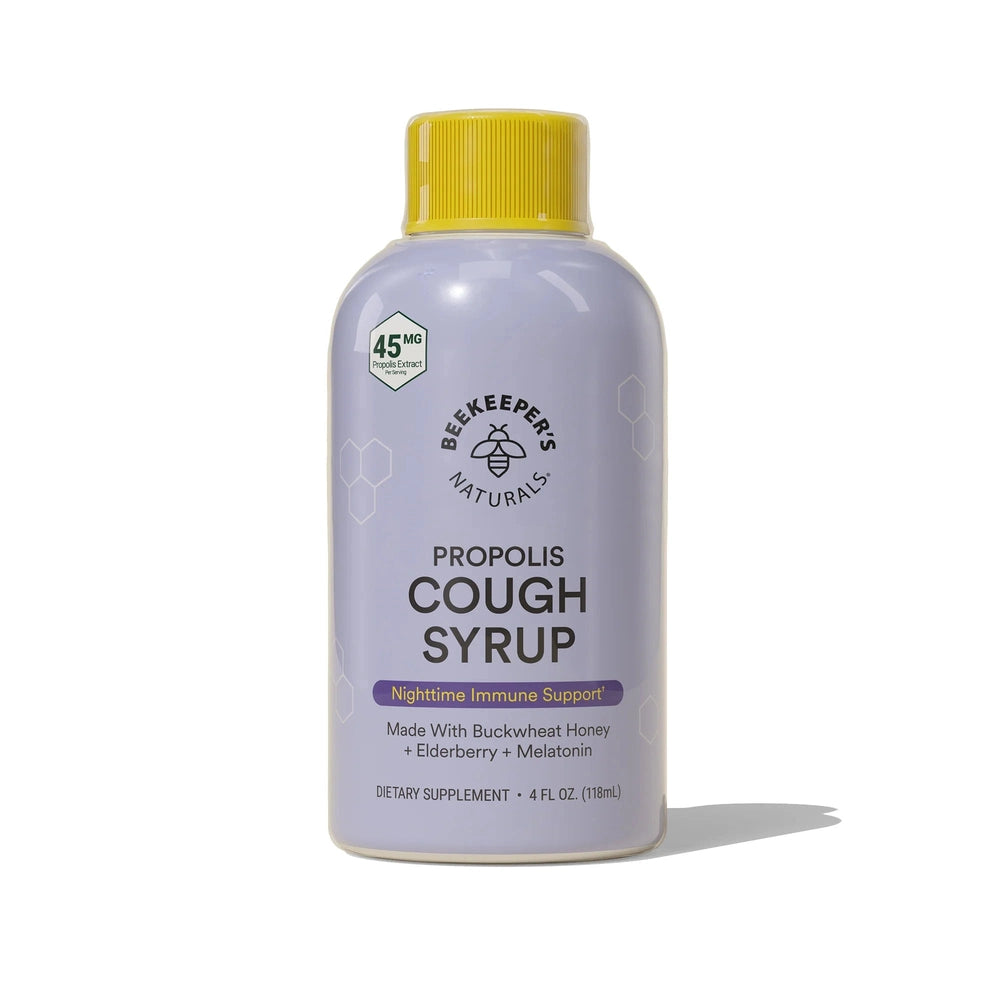 Beekeeper's Naturals Propolis Cough Syrup Nighttime 118 ml bottle in lavender with yellow cap and 45 mg propolis badge.