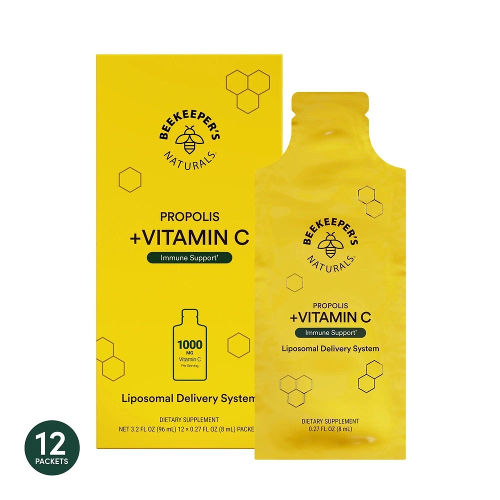 Beekeeper's Naturals Propolis + Vitamin C Liposomal Delivery System box with matching sachet, 12 packets, bright yellow for immune support.