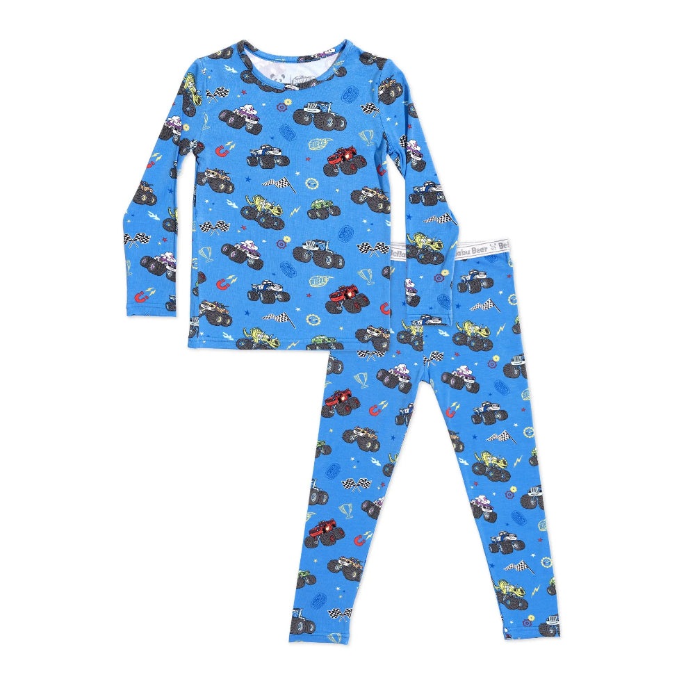 Bellabu Bear Bamboo Kids Pajamas Blaze and the Monster Machines blue set, top and pants laid flat with monster-truck print.