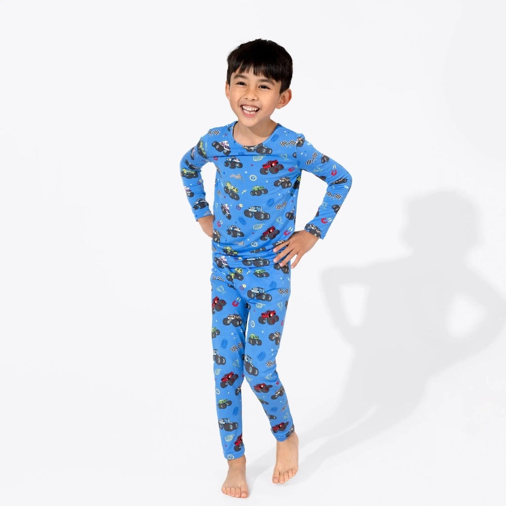 Bellabu Bear Bamboo Kids Pajamas Blaze and the Monster Machines, blue long-sleeve set worn by a smiling boy.