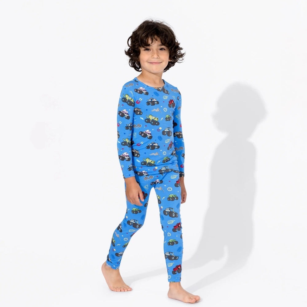 Bellabu Bear Bamboo Kids Pajamas Blaze and the Monster Machines: blue long-sleeve set with monster-truck print on a smiling child.