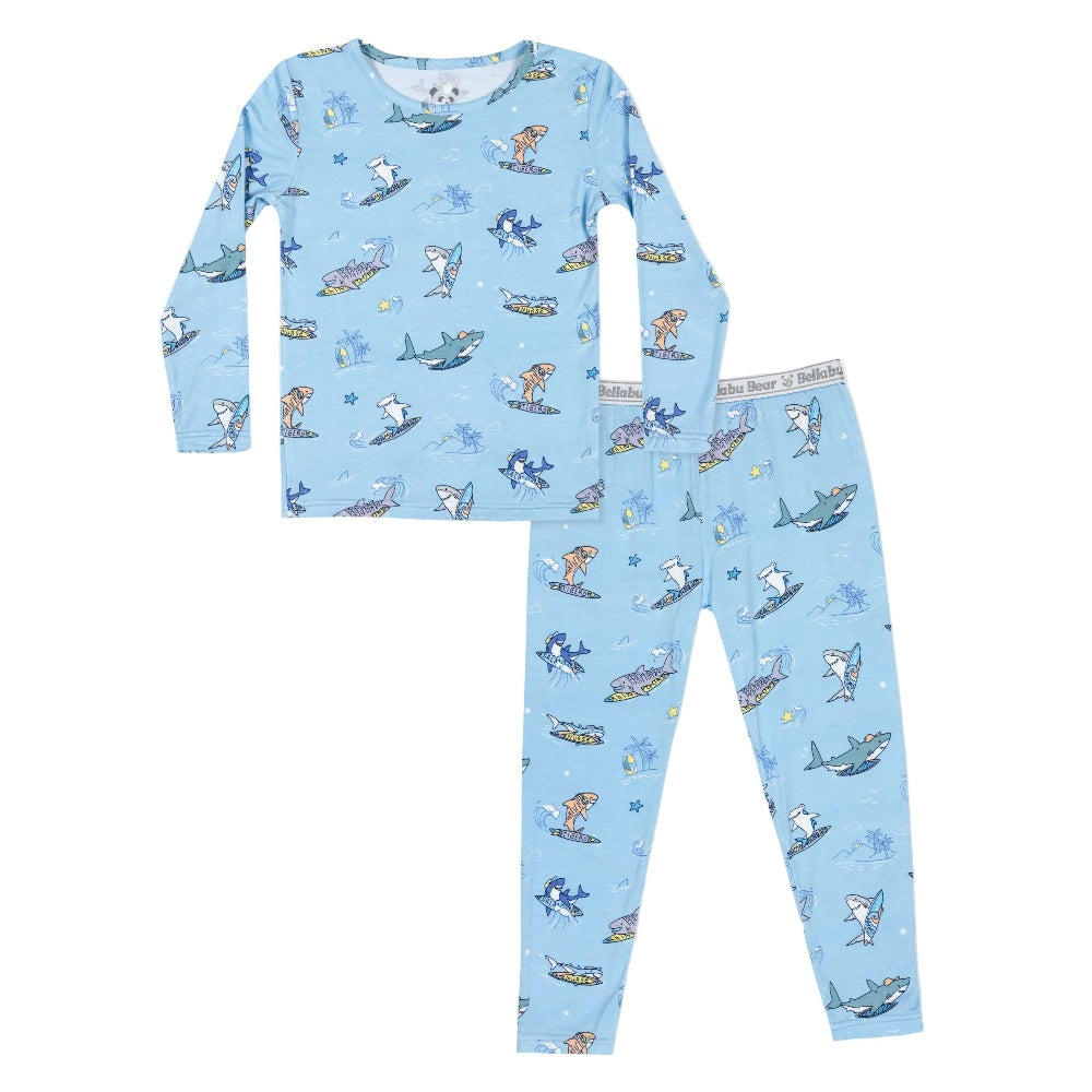 Bellabu Bear Bamboo Kids Pajamas Shark School set; light blue long-sleeve top and matching pants with shark prints.
