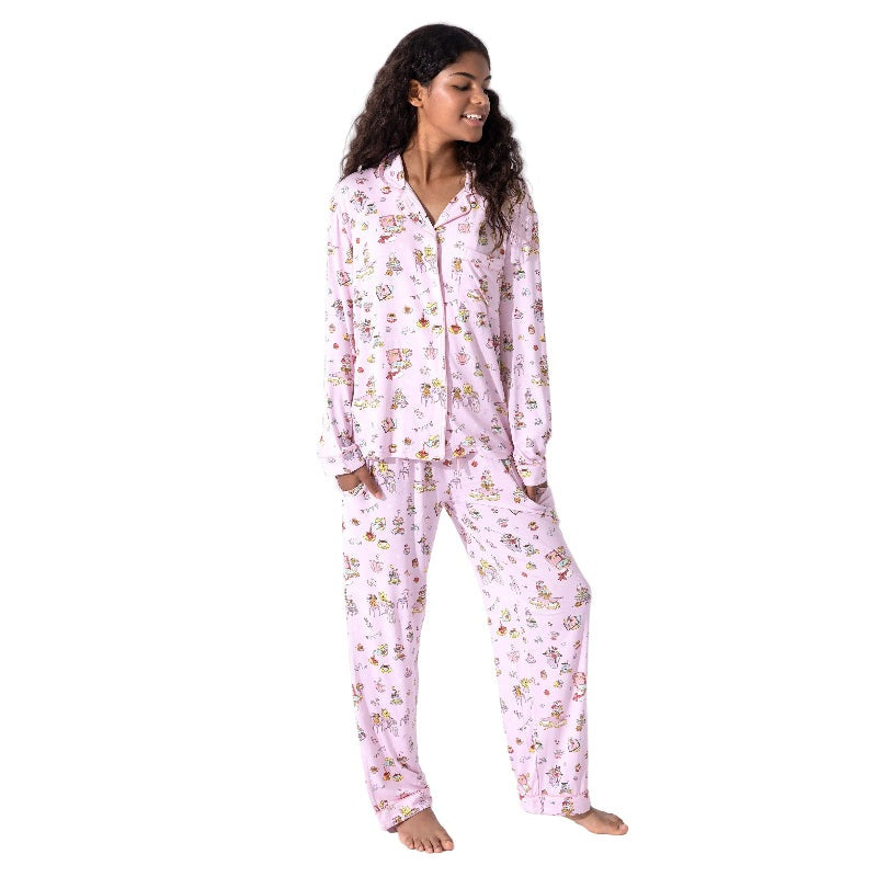 Bellabu Bear Bamboo Women's Pajama Set Tea Party pink floral print; model stands relaxed in matching top and pants.