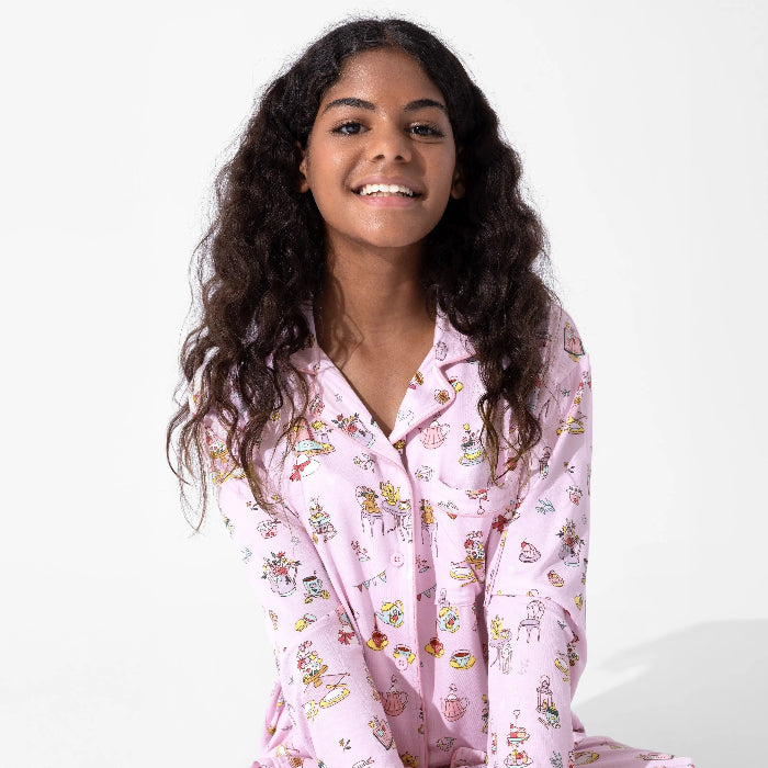 Bellabu Bear Bamboo Women's Pajama Set Tea Party pink printed bamboo pajamas worn by a smiling model.