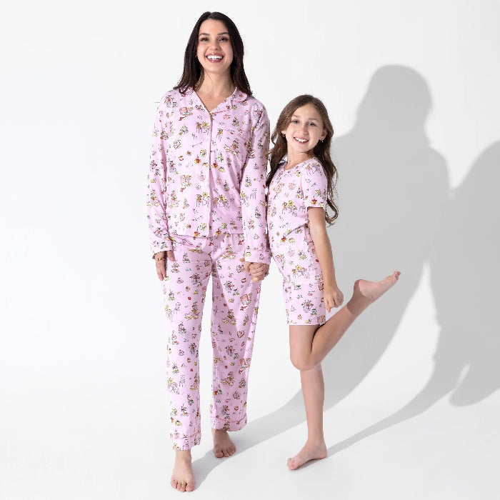 Bellabu Bear Bamboo Women's Pajama Set Tea Party: mother and daughter in matching pink floral pajamas, smiling barefoot.