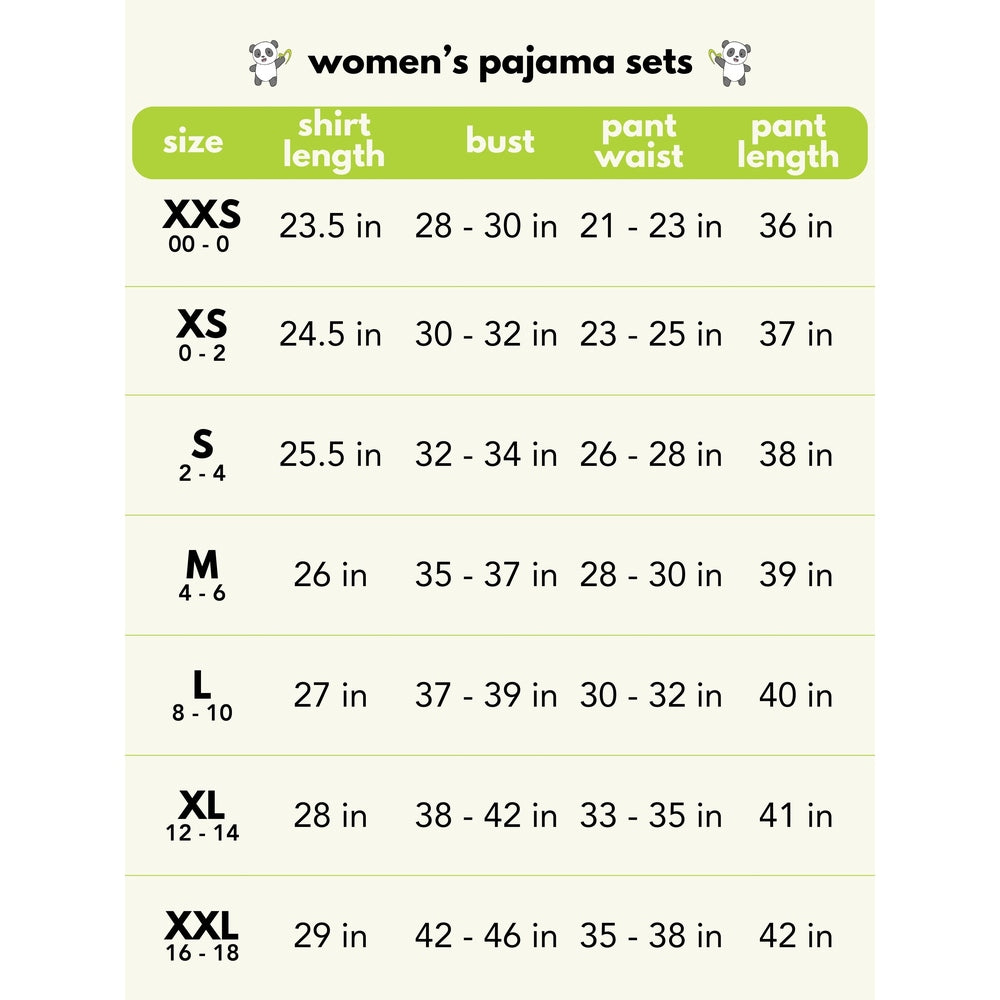 Bellabu Bear Bamboo Women's Pajama Set Tea Party size chart with XS-XXL ranges and measurements beside panda icons.