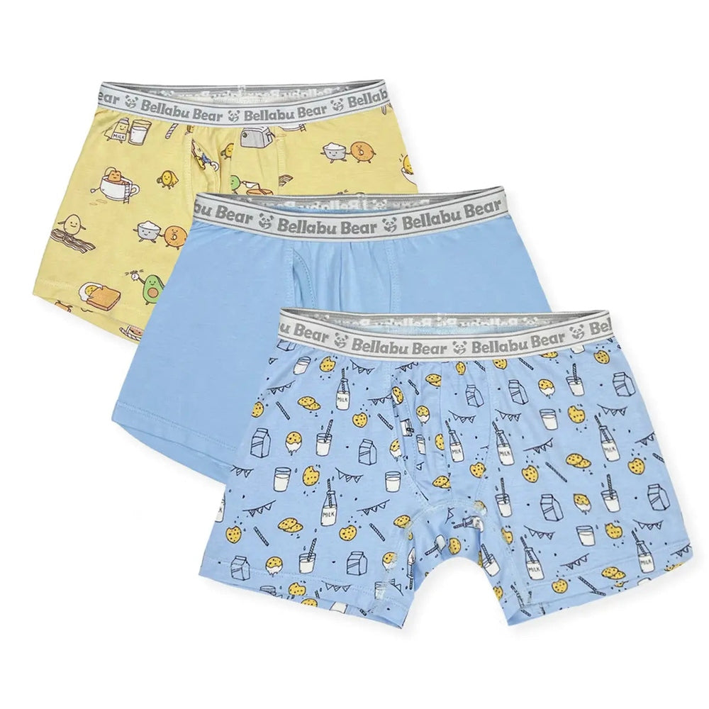 Bellabu Bear Boy's Boxer Brief Bamboo Underwear Spring 3-Pack: yellow, light blue, and patterned blue, laid flat with branded waistband.