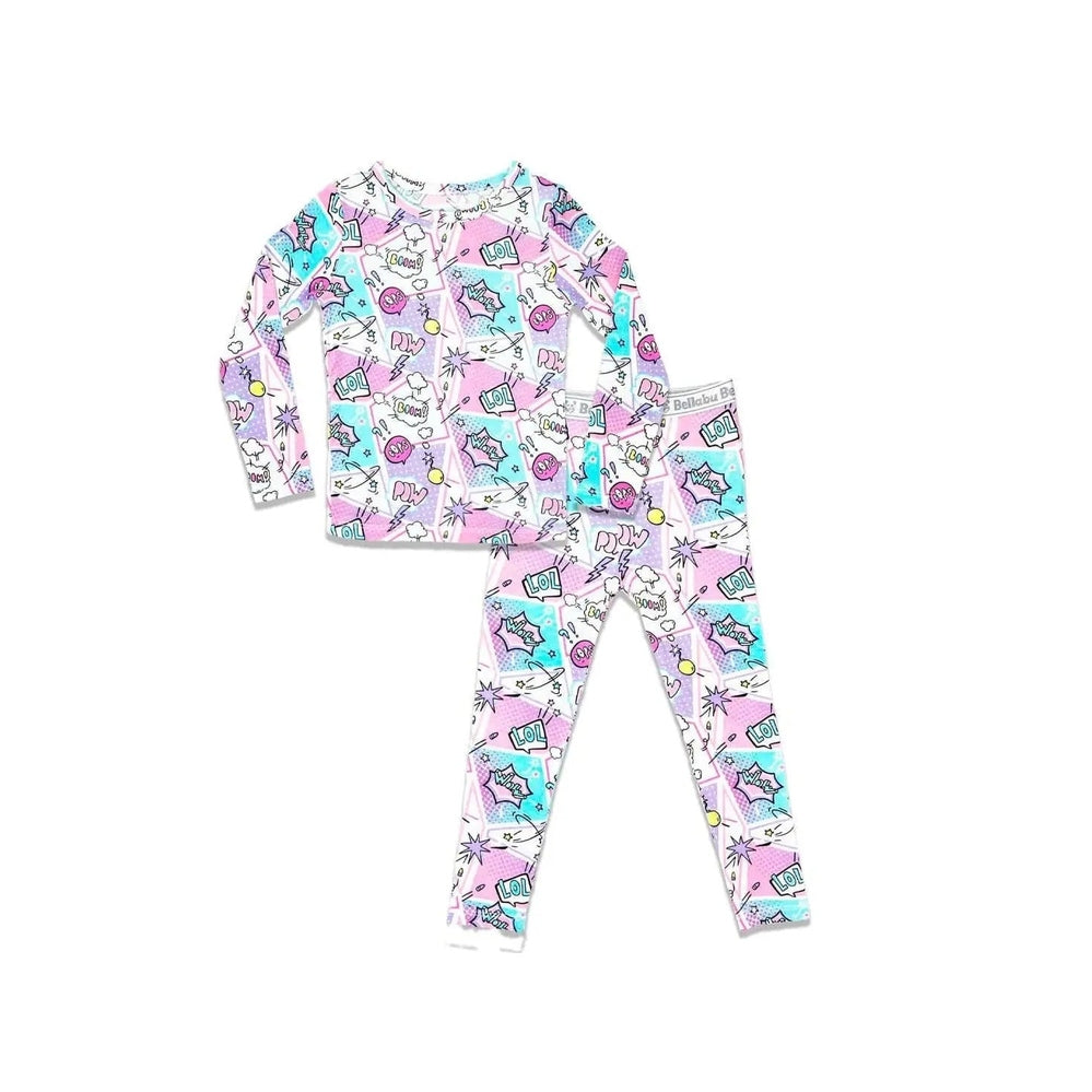 Bellabu Bear Comic Purple Bamboo Kids Pajamas Two Piece Set with long-sleeve top and pants in pastel comic print.