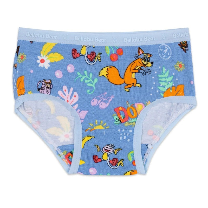Bellabu Bear Dora the Explorer girls' underwear 7-pack blue briefs with colorful adventure print.
