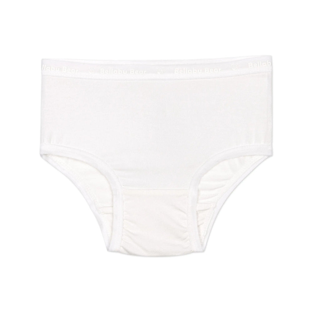 Bellabu Bear Girls' Bamboo Underwear 7-Pack Springtime, white, soft fabric with logo waistband laid flat.