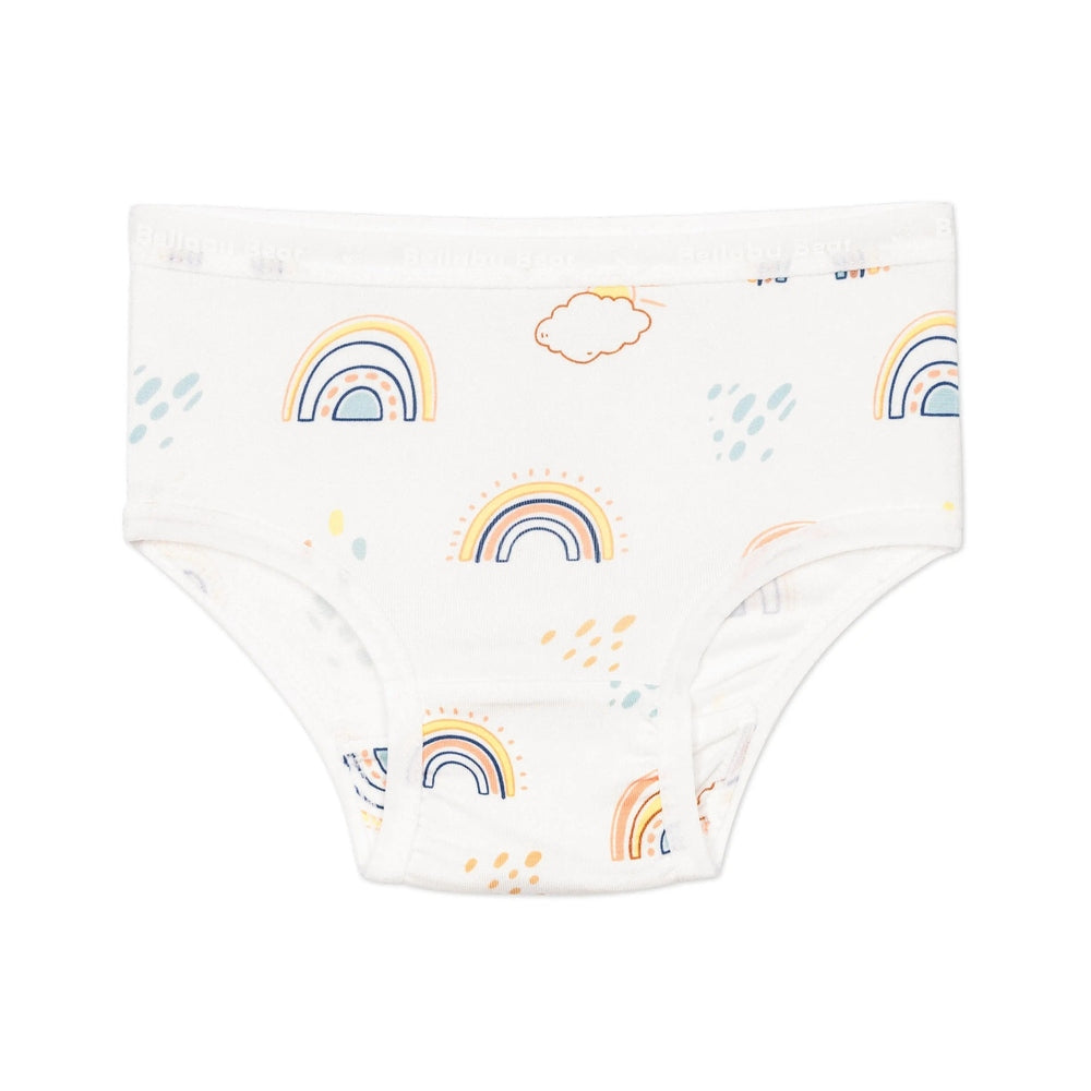 Bellabu Bear Girls Bamboo Underwear 7-Pack Springtime: white briefs with pastel rainbows laid flat to show soft bamboo fabric
