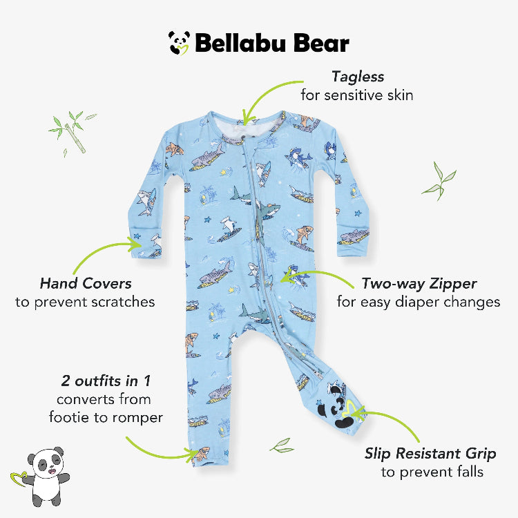 Bellabu Bear Bamboo Convertible Footie Shark School, blue sleepwear, tagless, two-way zipper, hand covers, converts from footie to romper.