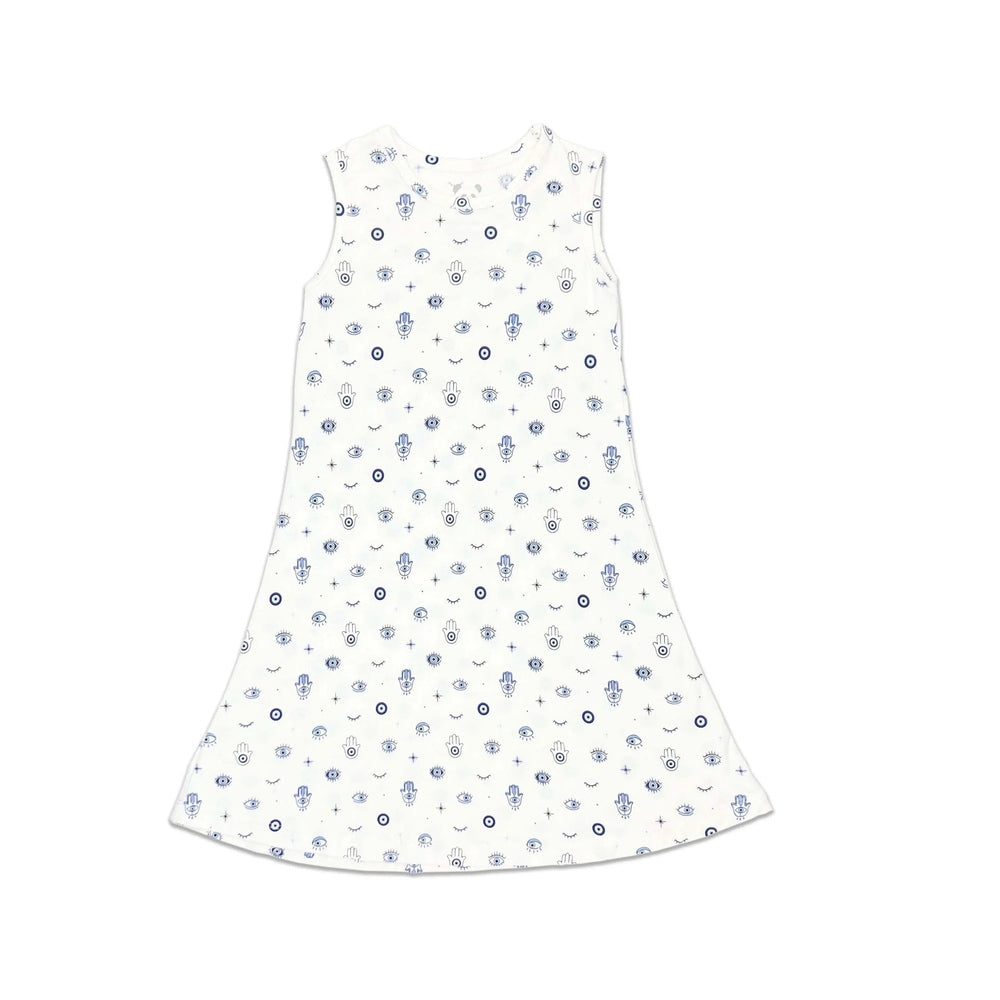 Bellabu Bear The Eye Bamboo Girls Sleeveless Dress in white with blue eye print, laid flat.