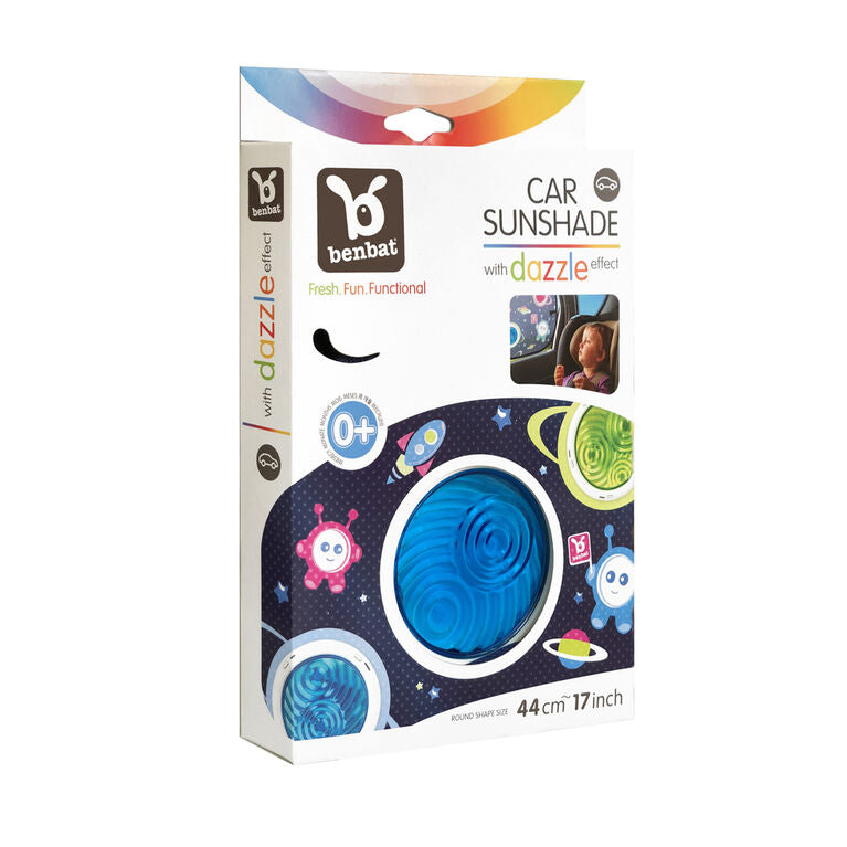 Benbat Car Sunshade Rounded with Suction Cups, blue circular shade attached to car window for baby comfort