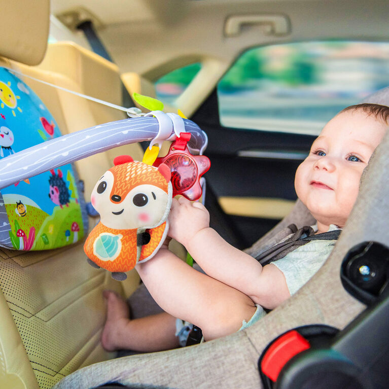 Benbat Double-Sided Car Arch Fox baby toy in car seat with orange fox plush