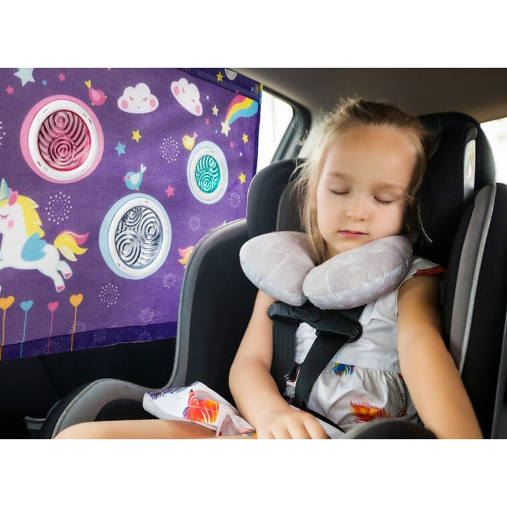 Benbat Extra Large Square Sunshade Unicorn, purple with round vent cutouts; child in car seat.