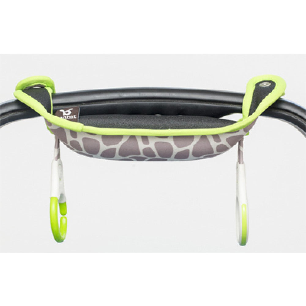 Benbat G-Arm Cushion Grey/Green, neon trim padded grip clamped to a stroller bar with giraffe pattern pocket visible