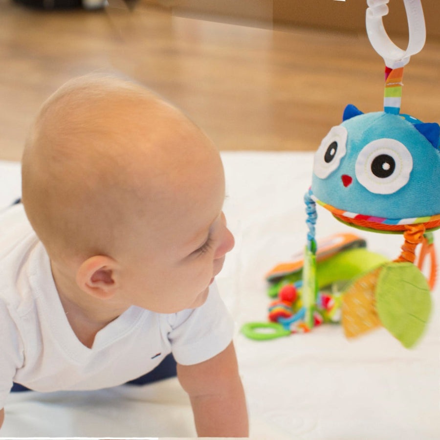 Benbat Travel Mirror Owl baby toy; blue plush owl with colorful hanging ribbons