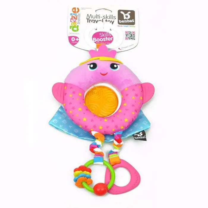 Benbat Travel Toy pink plush star with yellow teether ring and dangling colorful beads for baby to grasp.