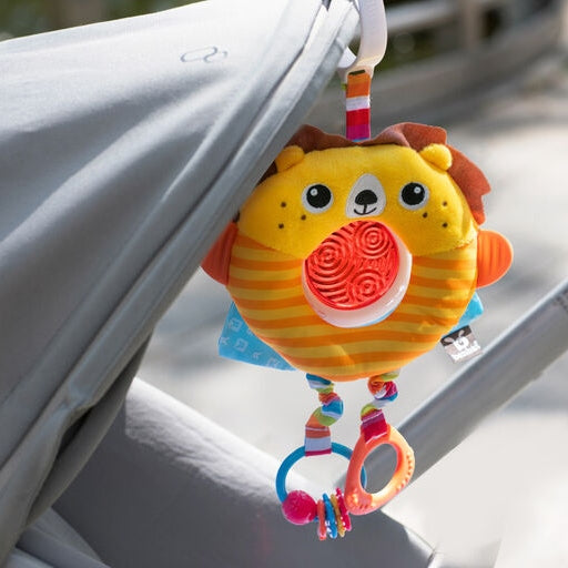 Benbat Travel Toy Lion Power plush stroller toy for baby, yellow and orange lion with rattle beads