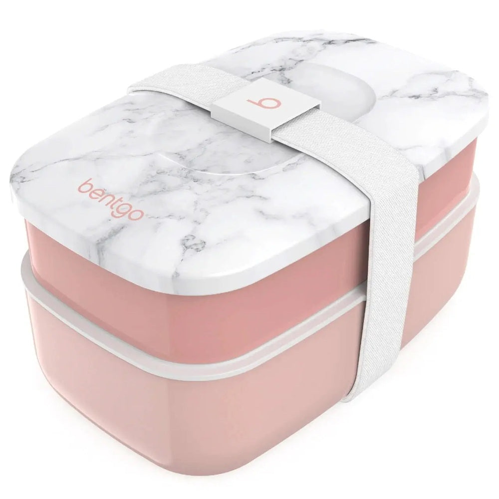 Bentgo Classic Two Tier Lunch Box in pink with a marble lid, two compartments secured by a gray strap.