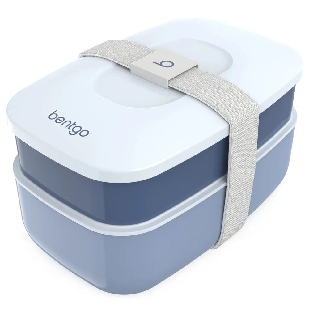 Bentgo Classic Two-Tier Lunch Box with light blue lid and dark blue base, strapped closed by a gray adjustable band.