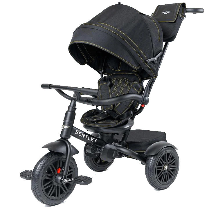 Bentley Trike 6-in-1 V2 Centennial Edition toddler tricycle, black frame with gold stitching and canopy