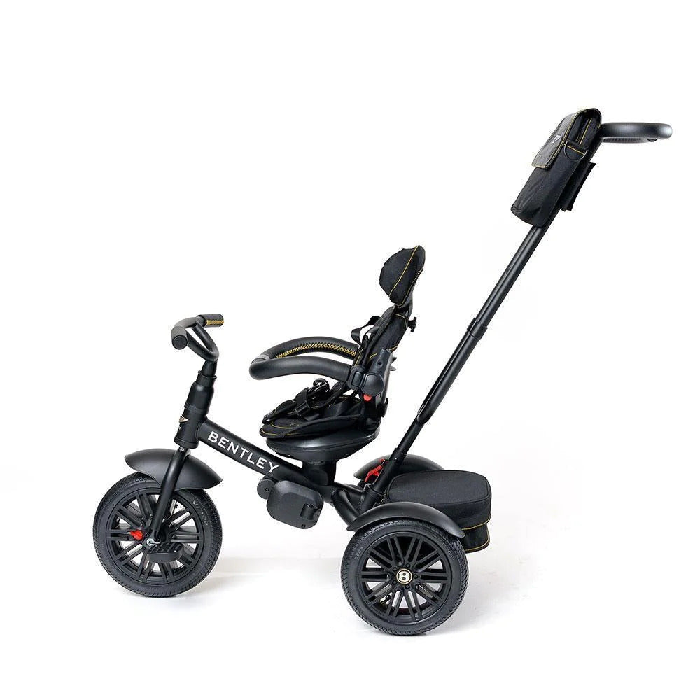 Bentley Trike 6-in-1 V2 Centennial stroler/trike, black with gold accents and tall push handle