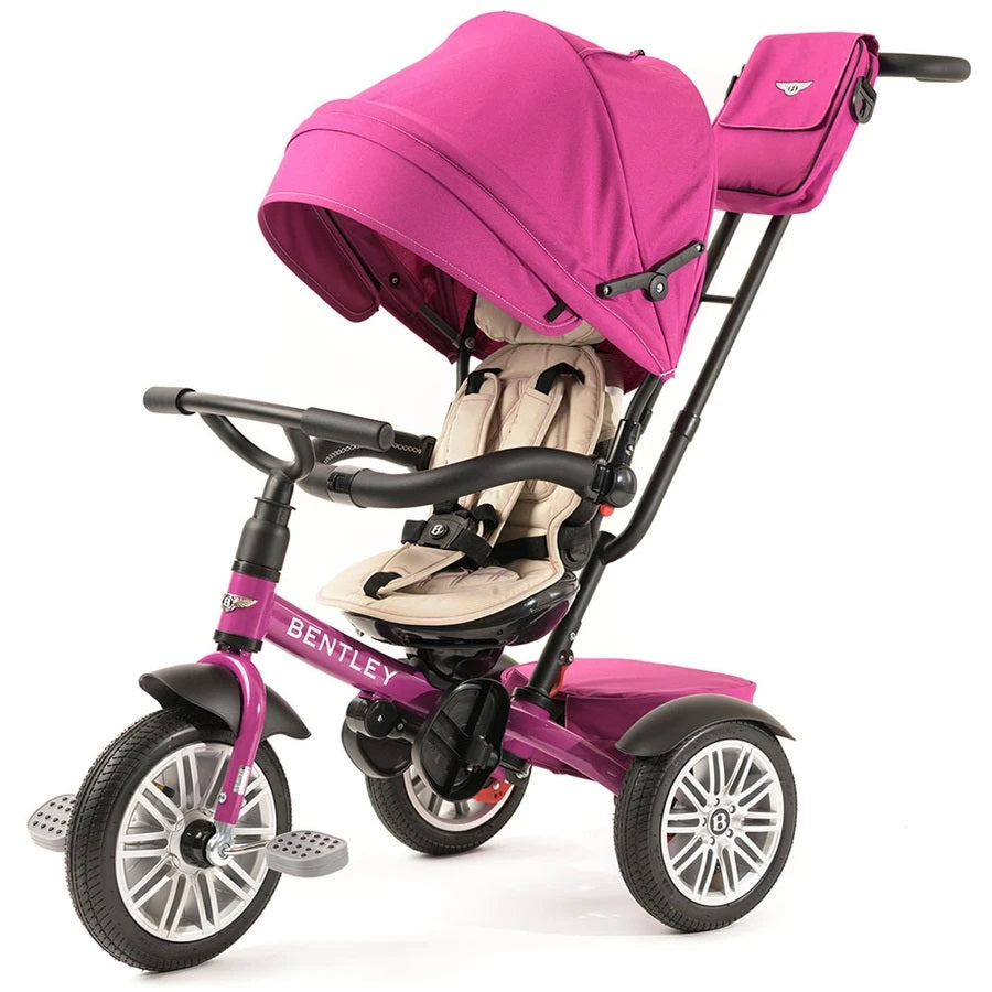 Bentley Trike 6-In-1 V2 Fuchsia Pink, beige seat with large pink canopy and storage bag, ready for ride