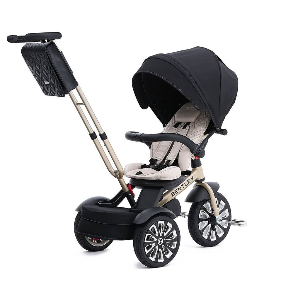 Bentley Trike 6-in-1 V2 Mulliner Gold Limited Edition with beige frame, quilted seat and black canopy